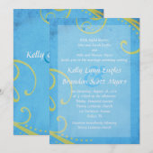 Textured Blue met Green Swirls Wedding Invitation Kaart (Voorkant / Achterkant)
