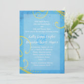 Textured Blue met Green Swirls Wedding Invitation Kaart (Staand voorkant)