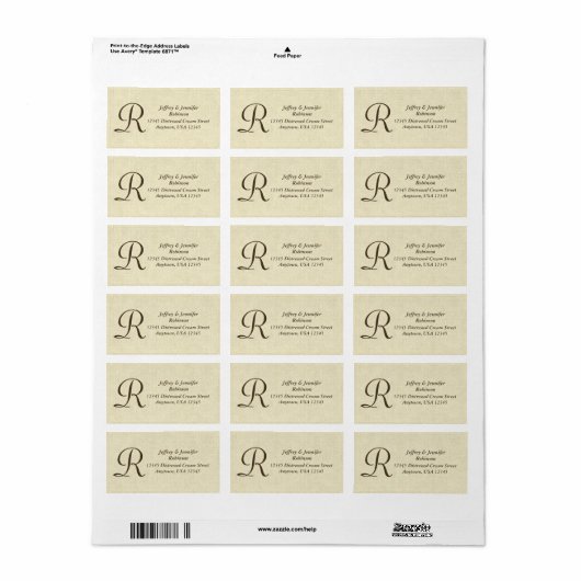 Textured Cream retour adreslabel Monogram Etiket (Full Sheet)