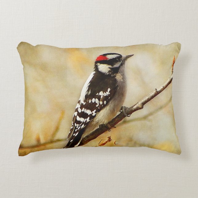 Textured Downy Woodpecker Outdoor Accent Pillow Accent Kussen (Voorkant)