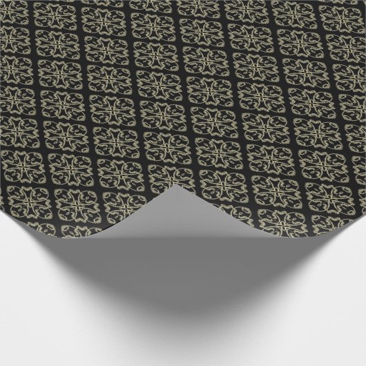 Textured Gold Damask Embroidery Pattern on Black Cadeaupapier (Hoek)