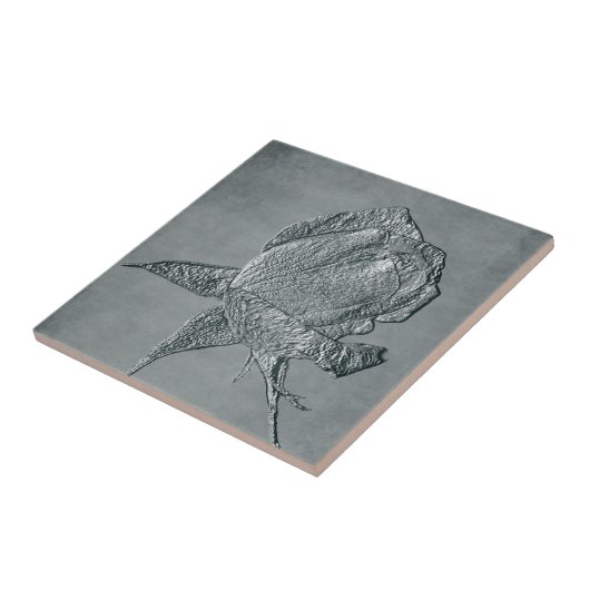 Textured Silver Rosebud Floral Art Tile Tegeltje (Zijkant)