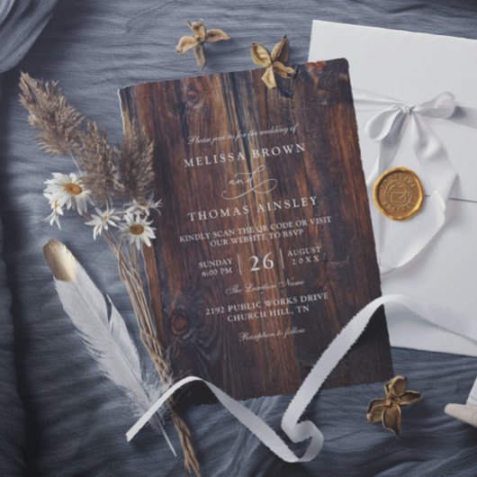 Textured Wood Rustic Country QR Code Wedding Kaart