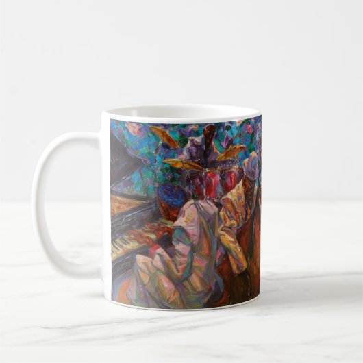 textuur, olieverschildering, kunst, jazz, blauwe p koffiemok (Links)