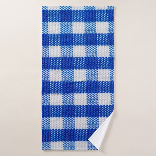 textuur van katoenweefsel, blauw ingecheckt badhanddoek (Badhanddoek)