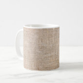 textuur van textiel, jute bruine stof koffiemok (Voorkant links)