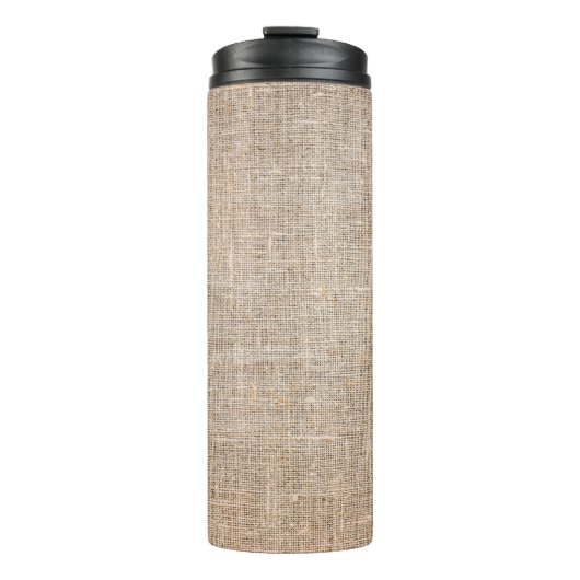 textuur van textiel, jute bruine stof thermosbeker (Voorkant)