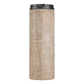 textuur van textiel, jute bruine stof thermosbeker (Achterkant)