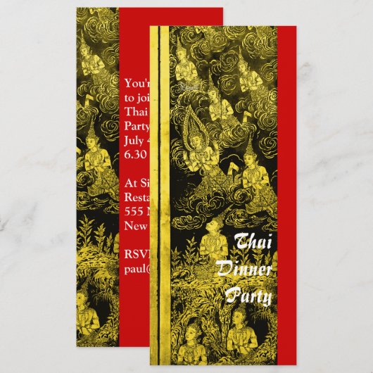 Thai Dinner Theme Party Invitation Gold Kaart (Voorkant / Achterkant)