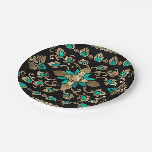 Thai Ornament - Gold en Blauwgroen Papieren Bordje (Gekanteld)