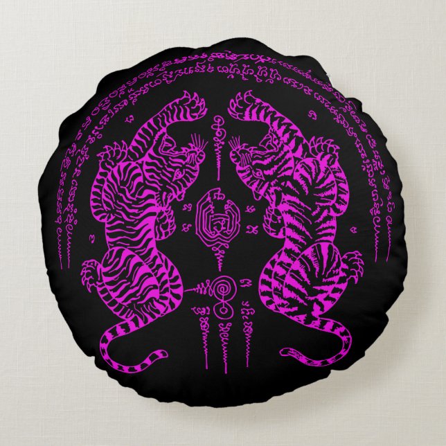 Thai Tattoo Designs Tiger " Yant Suea Koo " Pink Rond Kussen (Achterkant)