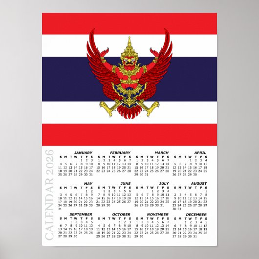 Thailand 2026 Calendar, Large, Thai Flag Poster (Voorkant)