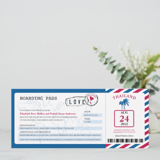 Thailand Airmail Boarding Pass Wedding Kaart (Staand voorkant)