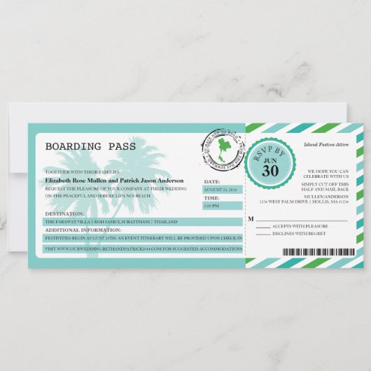 Thailand Airmail Boarding Pass Wedding Kaart (Voorkant)