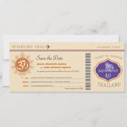 Thailand boarding Pass Save the Date (Voorkant)