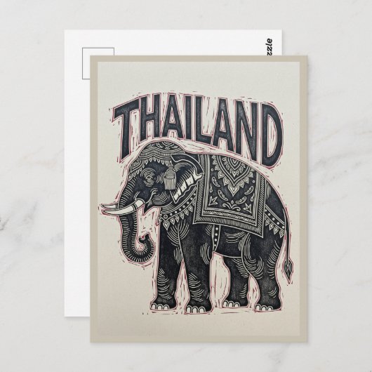 Thailand Elephant Block Print Briefkaart (Voorkant / Achterkant)