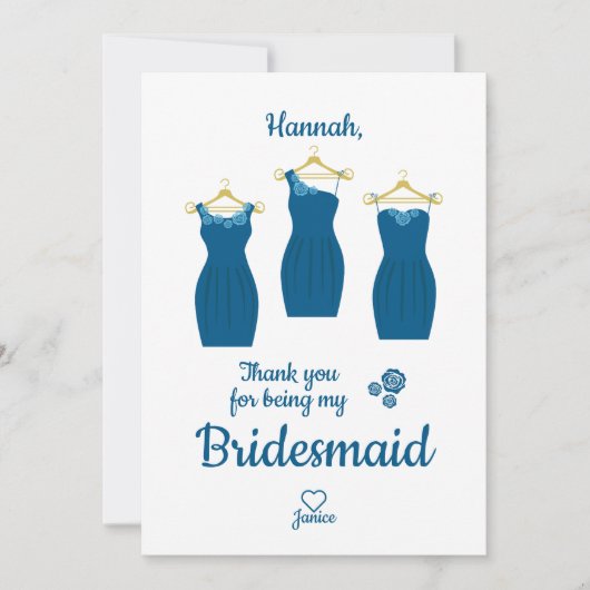 Thank Bridesmaid with Dresses in Blue Shades Bedankkaart (Voorkant)