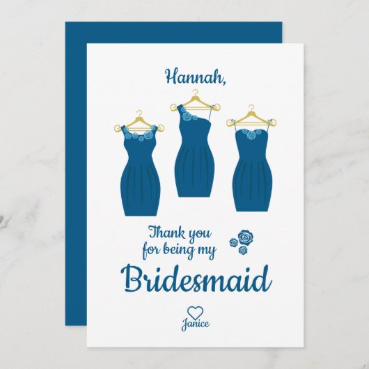 Thank Bridesmaid with Dresses in Blue Shades Bedankkaart (Voorkant / Achterkant)