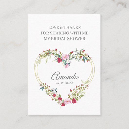 Thank Floral Heart for Bridal Shower Name & Quote Visitekaartje (Voorkant)