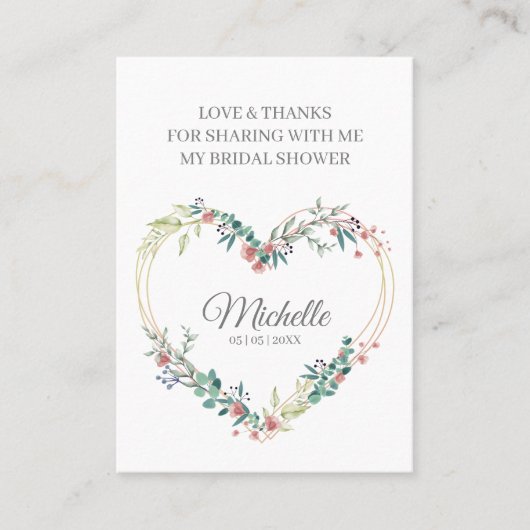 Thank Pink Floral Heart for Bridal Shower Name Visitekaartje (Voorkant)