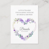 Thank Purple Floral Heart for Bridal Shower Name Visitekaartje (Voorkant)