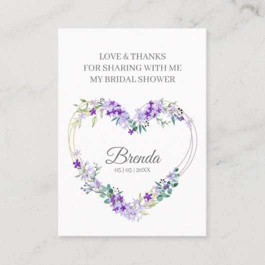Thank Purple Floral Heart for Bridal Shower Name Visitekaartje (Voorkant)