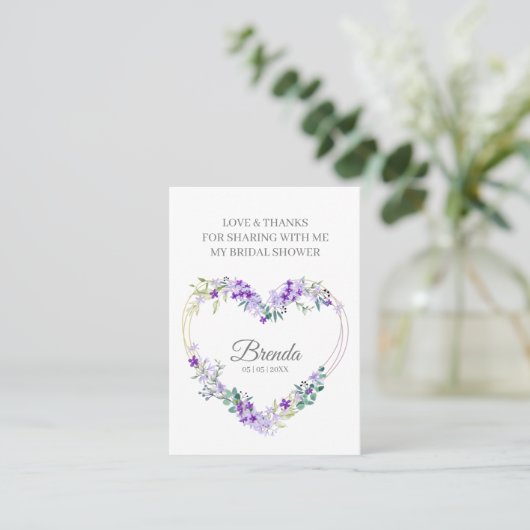 Thank Purple Floral Heart for Bridal Shower Name Visitekaartje (Staand voorkant)