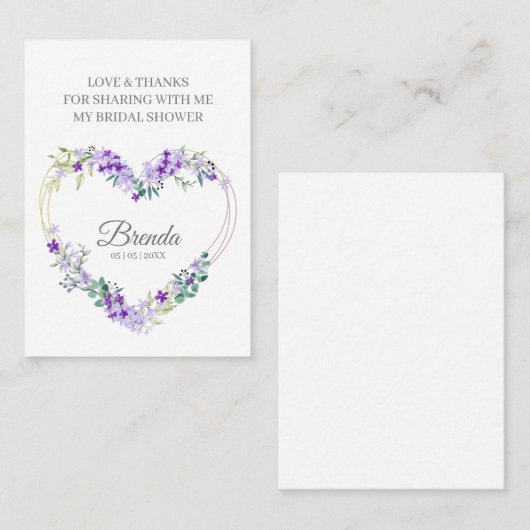 Thank Purple Floral Heart for Bridal Shower Name Visitekaartje (Voorkant / Achterkant)