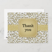 Thank You 100th Birthday Number Pattern Gold/White Briefkaart (Voorkant / Achterkant)