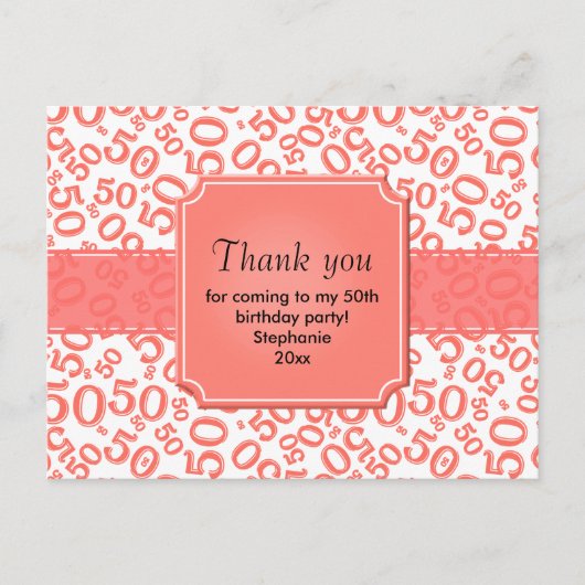 Thank You 50 Random Number Pattern Coral/White Briefkaart (Voorkant)