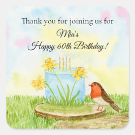 Thank You 60th Birthday Robin with Daffodil Cake Vierkante Sticker