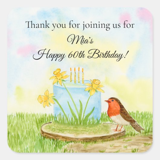 Thank You 60th Birthday Robin with Daffodil Cake Vierkante Sticker (Voorkant)