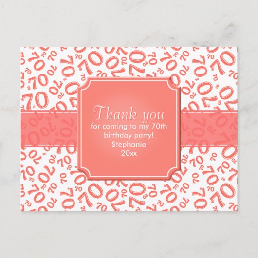 Thank You 70th Birthday Number Pattern Coral/White Briefkaart (Voorkant)