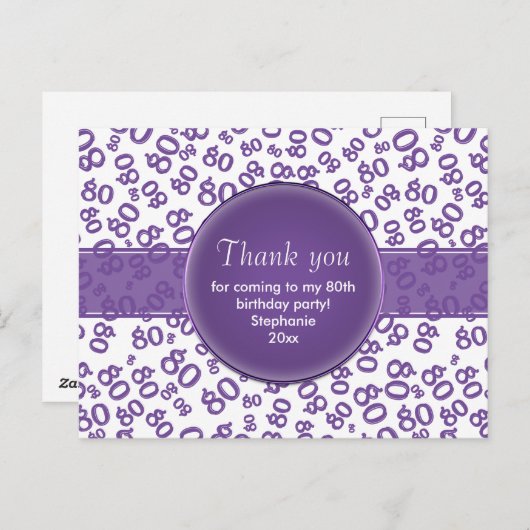 Thank  You 80 Purple/White Birthday Number Pattern Briefkaart (Voorkant / Achterkant)