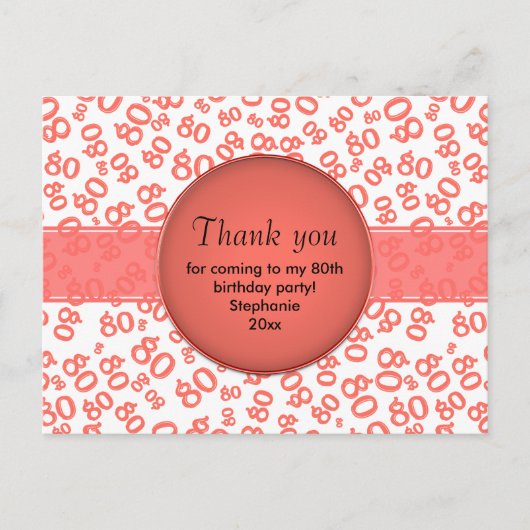Thank You: 80th Coral/White Number Pattern Briefkaart (Voorkant)