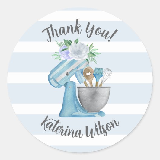 Thank You Blue Flower Mixer Small Bakery Ronde Sticker (Voorkant)