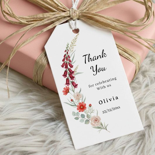 Thank you Boho floral Baby Shower red wildflower Cadeaulabel