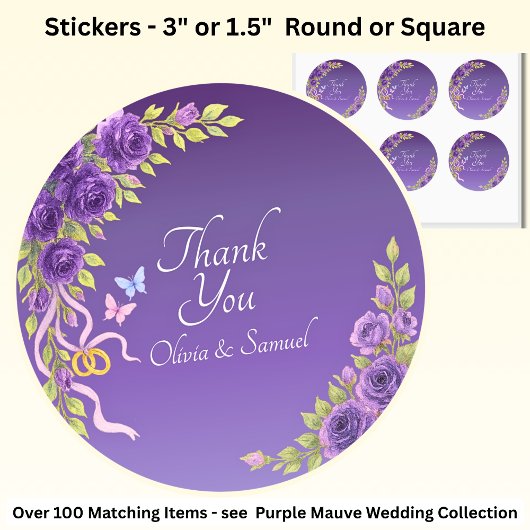 Thank You Bride, Groom Names Purple Mauve Flowers  Ronde Sticker
