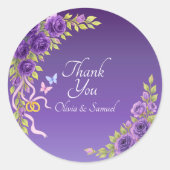 Thank You Bride, Groom Names Purple Mauve Flowers  Ronde Sticker (Voorkant)