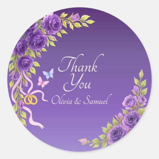 Thank You Bride, Groom Names Purple Mauve Flowers  Ronde Sticker (Voorkant)