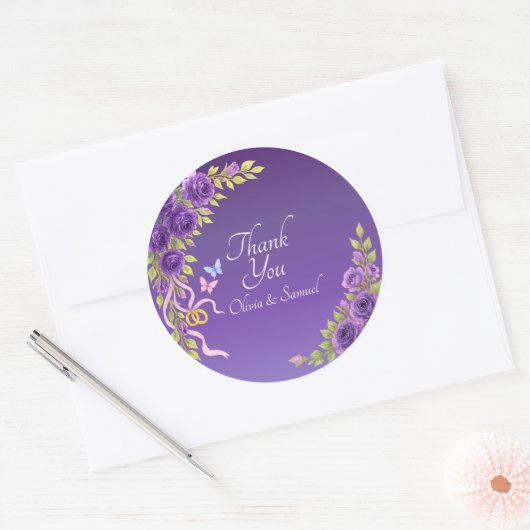 Thank You Bride, Groom Names Purple Mauve Flowers Ronde Sticker (Envelop)