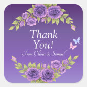 Thank You! Bride, Groom Names Purple Mauve Flowers Vierkante Sticker (Voorkant)