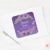 Thank You! Bride, Groom Names Purple Mauve Flowers Vierkante Sticker (Envelop)