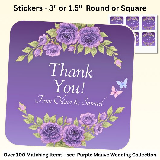 Thank You! Bride, Groom Names Purple Mauve Flowers Vierkante Sticker