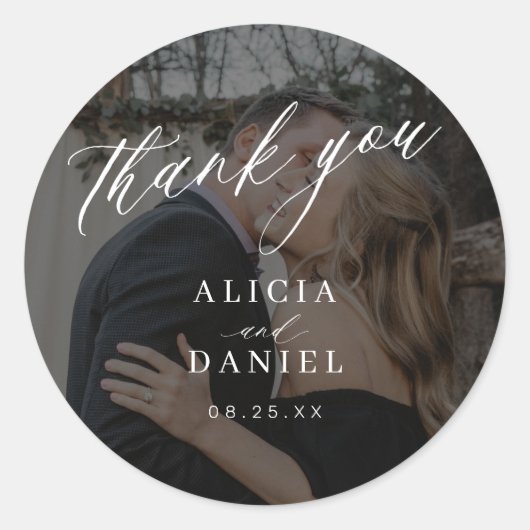 Thank you calligraphy photo wedding ronde sticker (Voorkant)