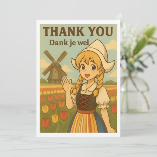 Thank You Card - Dutch Girl in Tulip Field Bedankkaart (Staand voorkant)