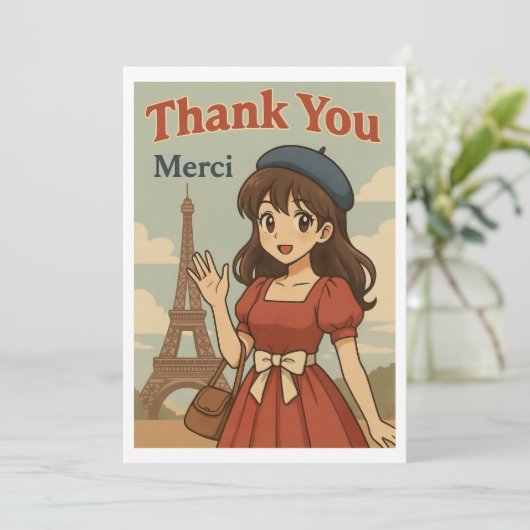 Thank You Card - French Anime Girl in Paris Bedankkaart (Staand voorkant)