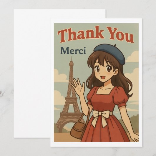 Thank You Card - French Anime Girl in Paris Bedankkaart (Voorkant / Achterkant)