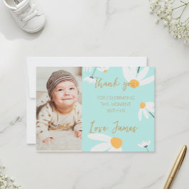 Thank you card template with photo of Daisy, blue Bedankkaart