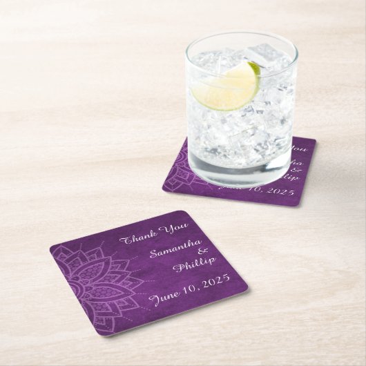Thank you coaster wedding favor purple kartonnen onderzetters (Insitu)